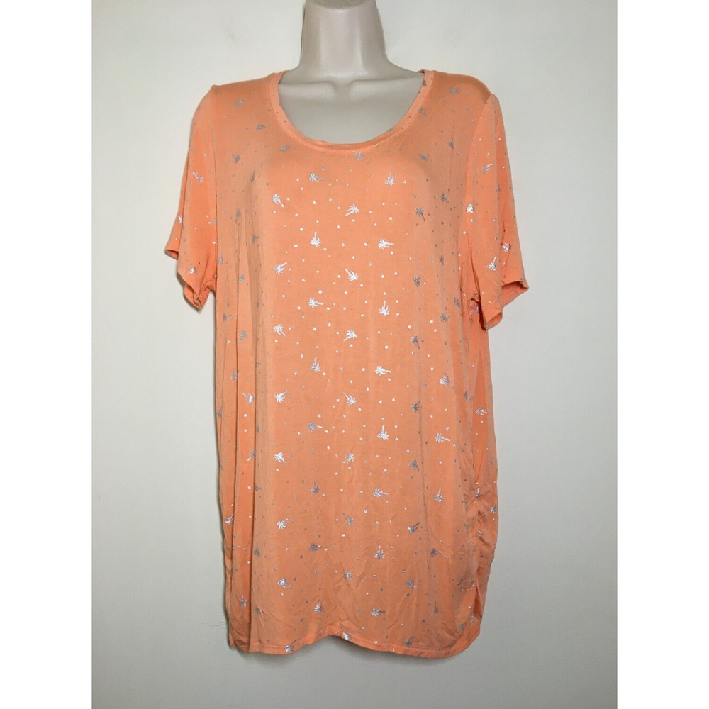 Lane Bryant 14/16 Ruched Side Tunic Tee Silver Foil Palm Trees Peach Top B41.5"